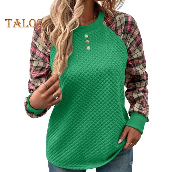 Женская толстовка осень-весна с принтом в клетку, с круглым вырезом, свободная, с длинными рукавами, с ромбовидной текстурой, повседневная одежда, спортивный топ