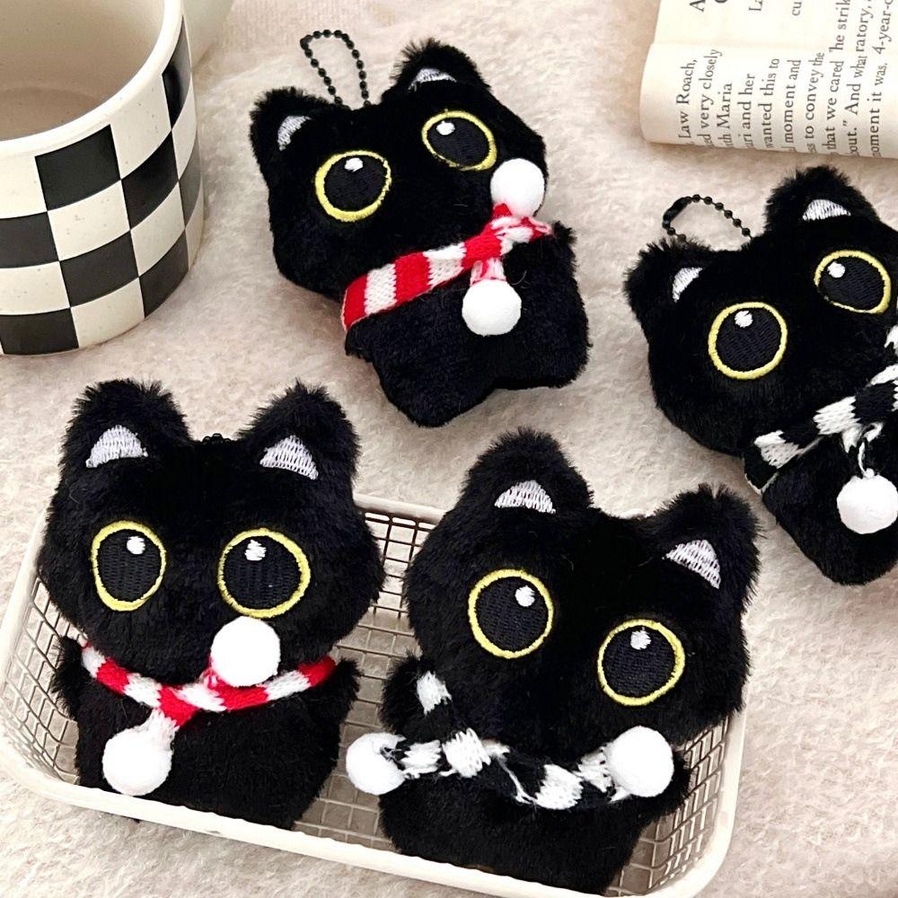 Chirping Squeeze Plush Keychain Cartoon Plush Stuffed Toys Squeak Scarf Black Cat Pendant  Couple