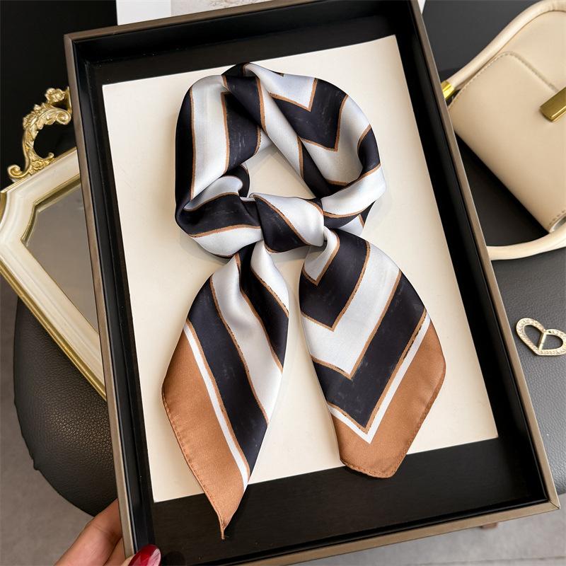 Luxury Stripe Print Women Silk Scarf Bandana Hair Bands Square Scarves Satin Smooth Summer Satin Hijab Wrap Headband Foulard