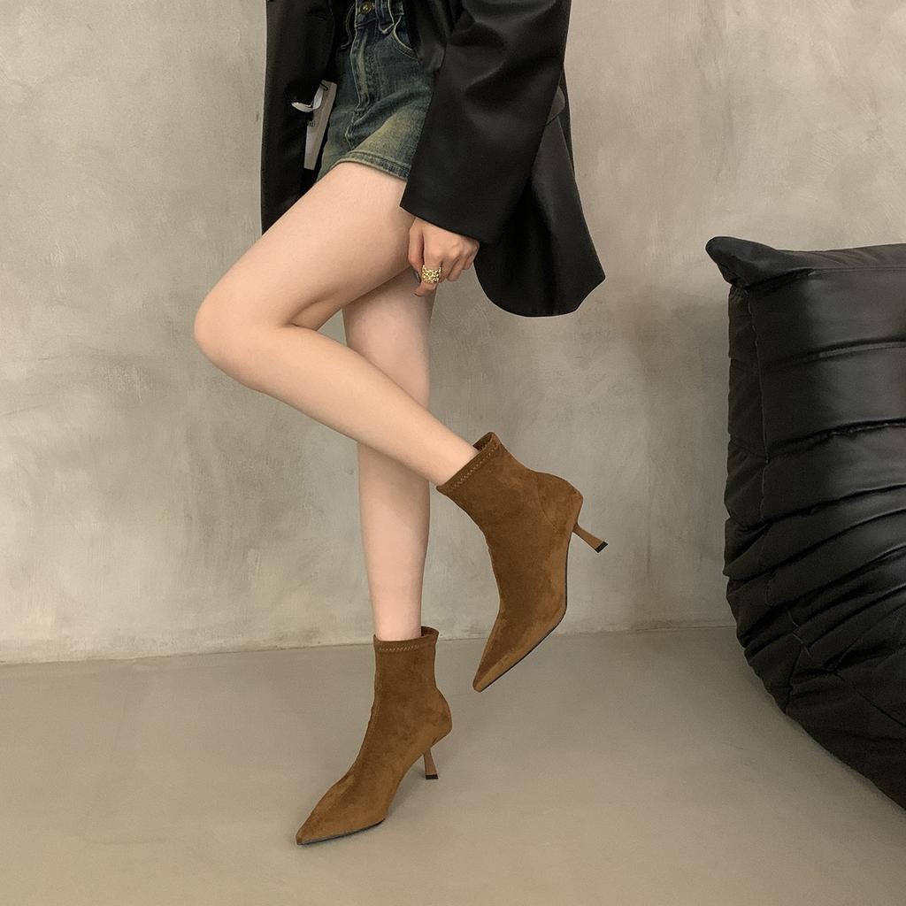 Французские ретро замшевые ботильоны на высоком каблуке женские короткие ботильоны новая осень и зима темперамент острый тонкий каблук тонкие ботильоны ботильоны без шнуровки