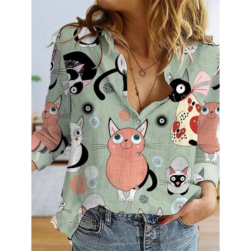 Women's Cactus Printed Top Autumn Elegant Fun Shirt Casual Loose Long Sleeve Fashion Button Top Comfortable Travel Jacket