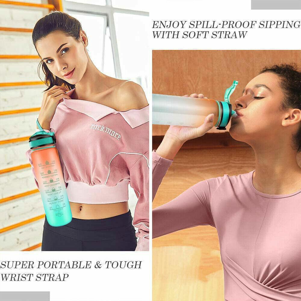 1Pc Larger Sports Water Bottle with Straw and Time Marker Plastic Motivational Water Bottle