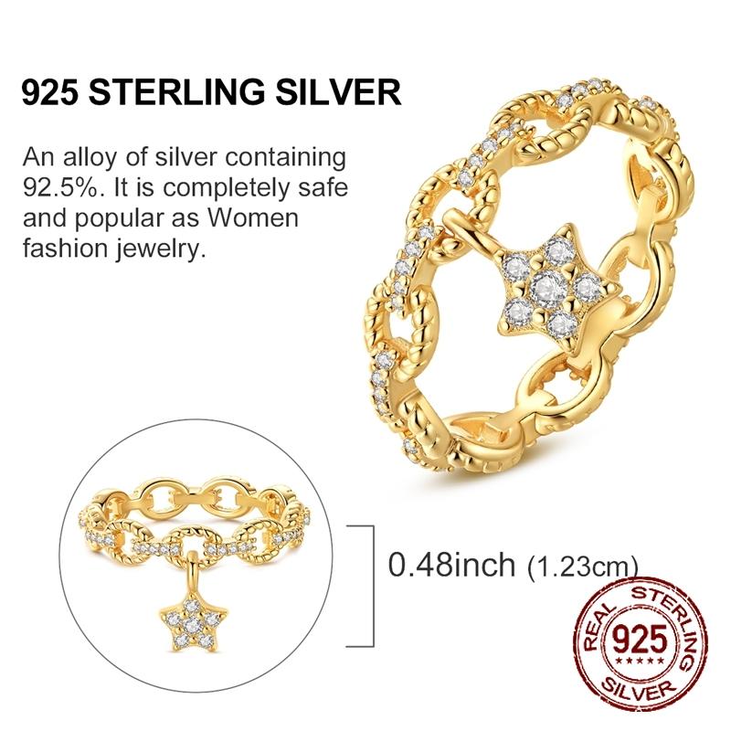Original 925 Sterling Silver Golden Star Chain  Rings for Women Girls Jewelry Birthday Anniversary Gifts