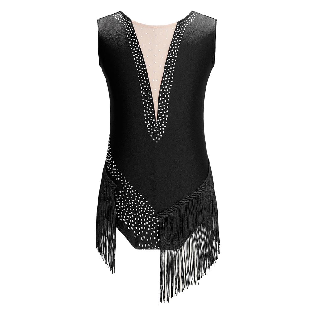 Детский костюм для художественной гимнастики, блестящий купальник с кисточками для танцевальных выступлений