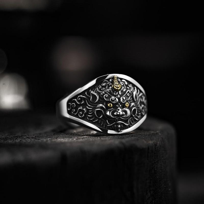 Adjustable Open Ring Men Women Vintage 3D Pixiu Sterling Plated Geometric Animal Statement