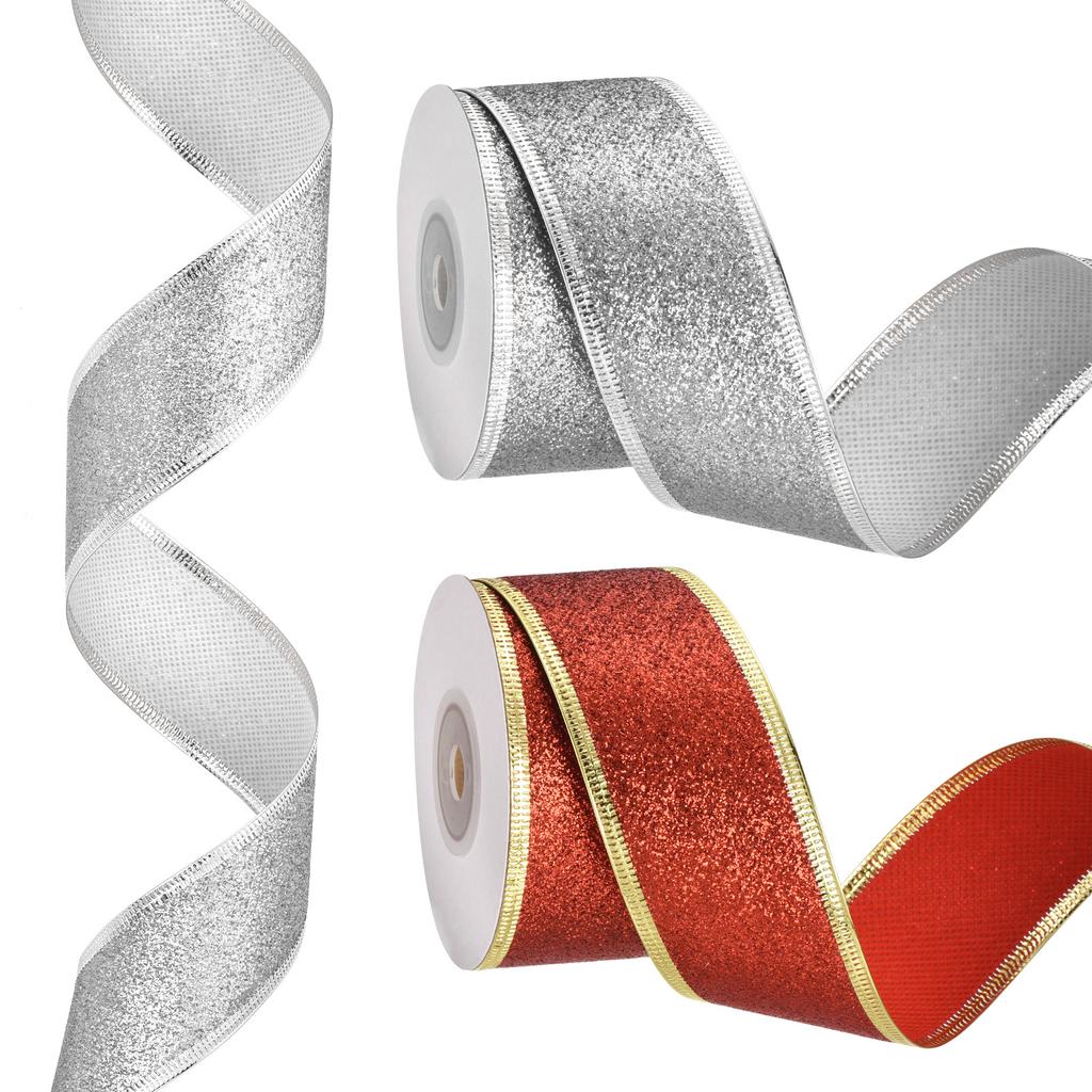 Christmas Ribbon Metallic Wired Gift Wrapping Shine Ribbon Satin for Craft Birthday Wedding Festival Decoration 20 Yards X 1.5"