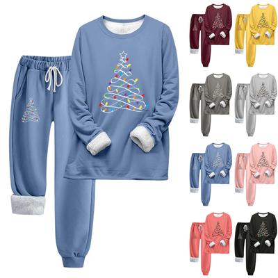 Комплект из двух предметов для женщин, теплый спортивный комплект с флисовой подкладкой, свитшот с круглым вырезом и длинными рукавами, с рождественским принтом, спортивные штаны с завязками на талии