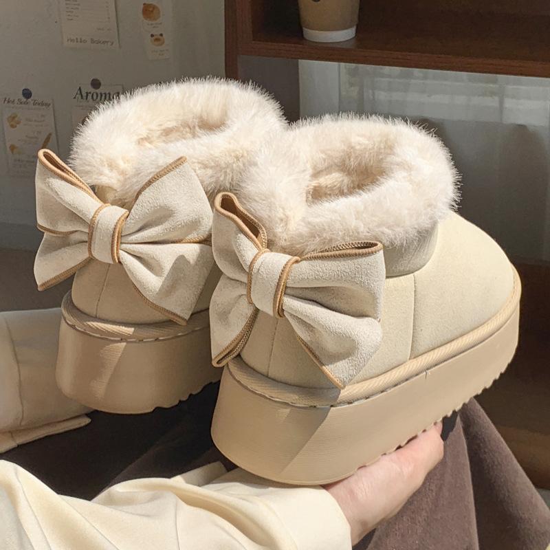 The New Wool Bag and Bow Cotton Shoes Can Be Worn Outside with Thick Soles To Increase the Height In Winter. Versatile Velvet Warm Snow Boots