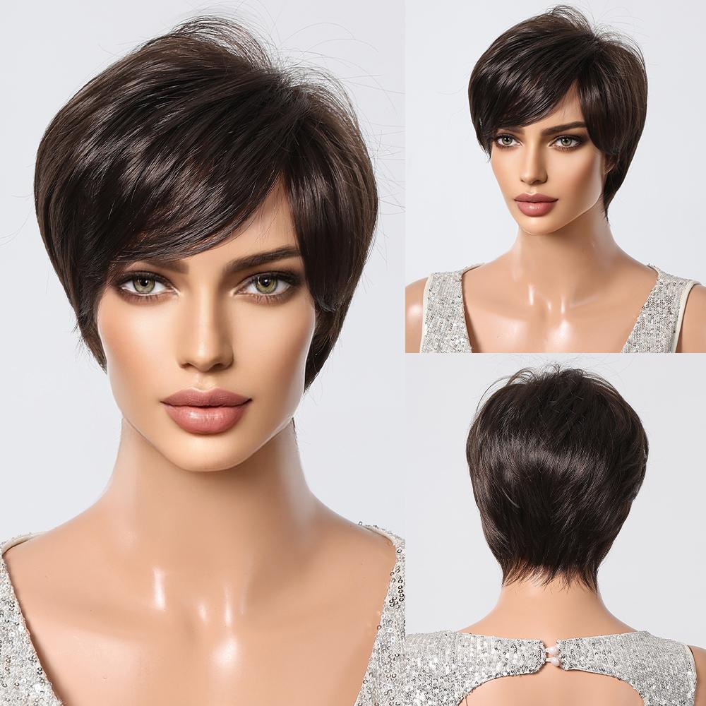 ALAN EATON Короткие прямые парики из синтетических волос с стрижкой пикси для чернокожих женщин, афро, пышные, натуральный коричневый, блондин, мелированный парик с челкой