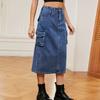 Denim Tooling Skirt Casual Mid-length Skirt Women's Side Ruched Drawstring High Waist Long Cargo Skirt with Flap Pockets