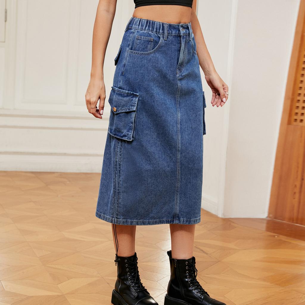 Women's Spring and Summer Denim Skirt Large Pockets Vintage Large Size A-line Skirt Mid-length Half-body Skirt