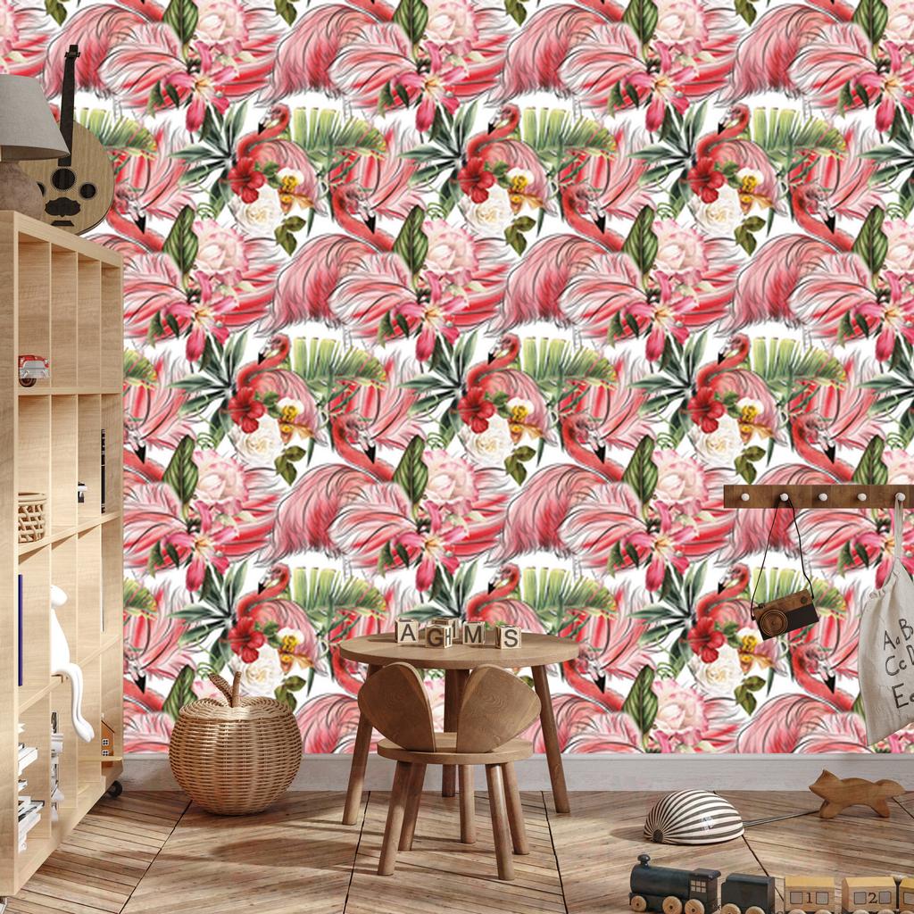 Flamingos roses flowers and leaves wallpaper for living room and bedroom 50x1000