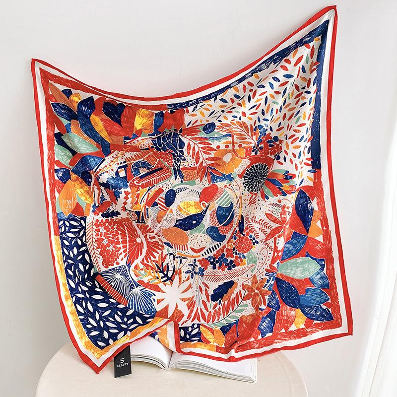 Fashionable and Gorgeous Printed Silk Scarf Women's Contrast Color Silky Simulation Silk Large Scarf Shawl