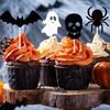 12 Pcs Halloween Cupcake Toppers Black Spider Skull Bat White Ghost Cake Picks for Halloween Theme Birthday Party Supplies
