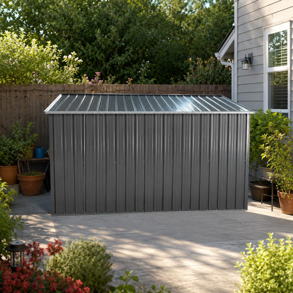 Metal Garden Shed 10x8 ft with Apex Roof in Grey as Outdoor Storage. The shed is equipped with an integrated floor frame. Floor area: 7.46 m².