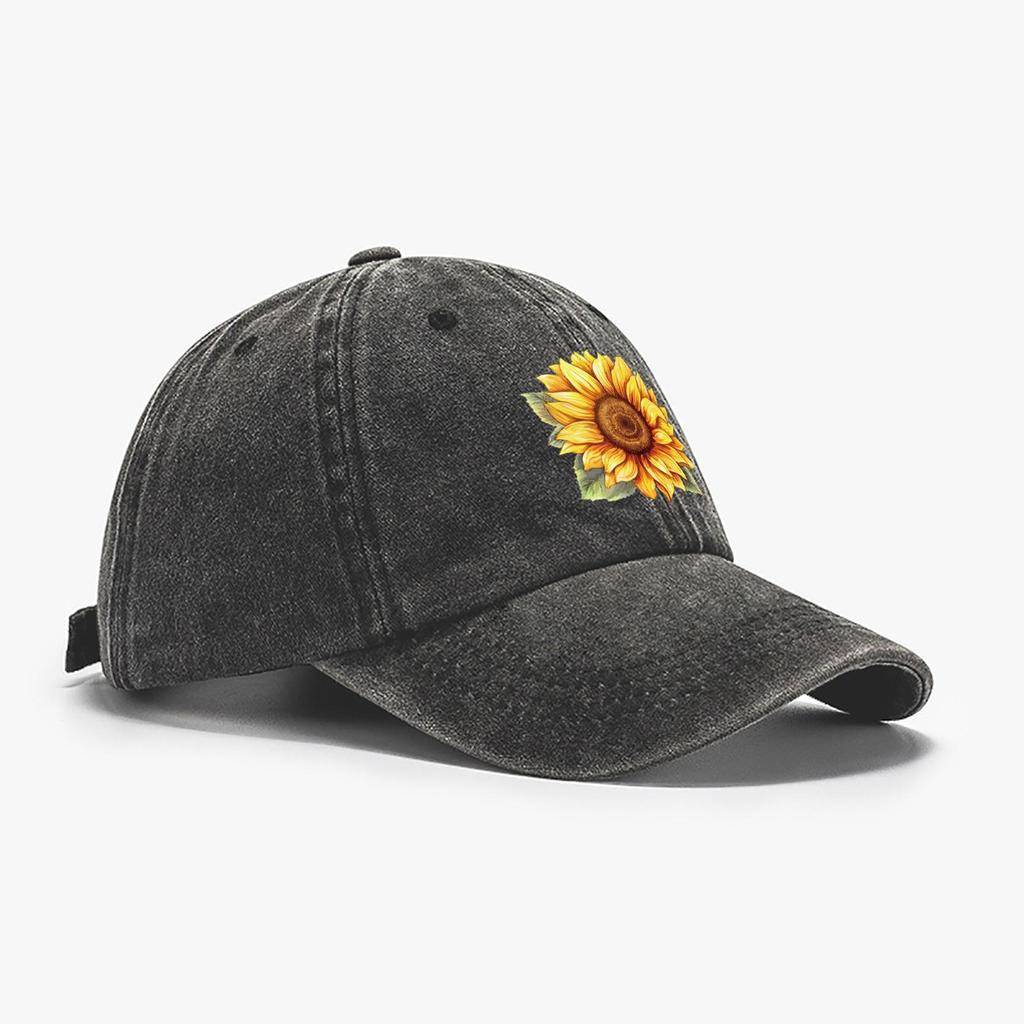 Sunflower Print Cotton Baseball Cap, Floral Pattern Distressed Sport Hat With Adjustable Closure, Sun Protection Peaked Cap