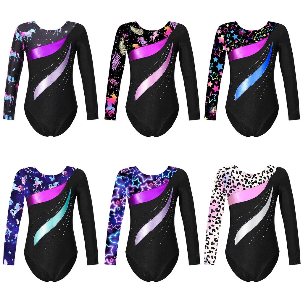 Girls Shiny Rhinestone Leotard Long Sleeve Round Neck Bronzing Fabric Pattern Print Performance Bodysuit