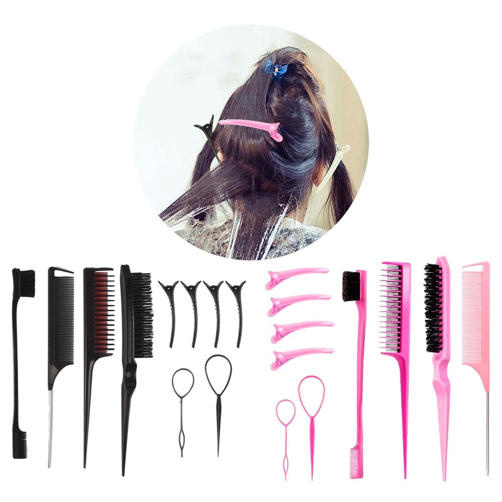 Hair Styling Comb Set Hair Brush Set Teasing Hair Brush Rat Tail Comb with Duckbill Clips Edge Brush for Women and Girls