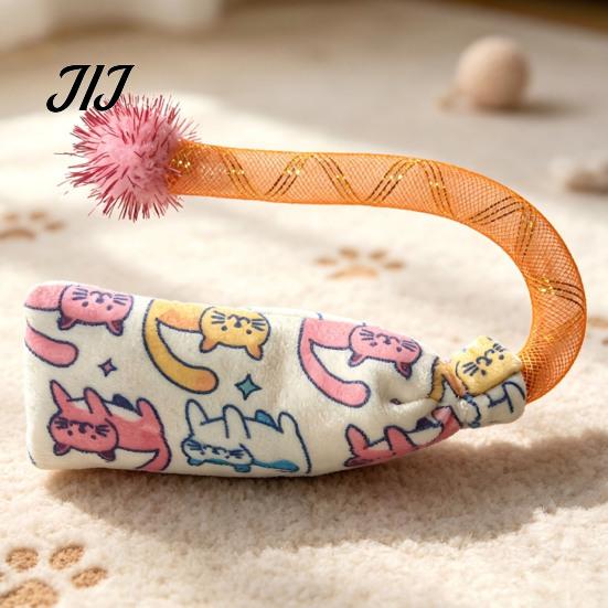 Safe Chewing Toys for Teething Kittens Mesh Tube Cat Toy, Crinkle Plush Pouch with Tinsel Pom Pom, Engagement Active Cats Interactive Stretchable Toy