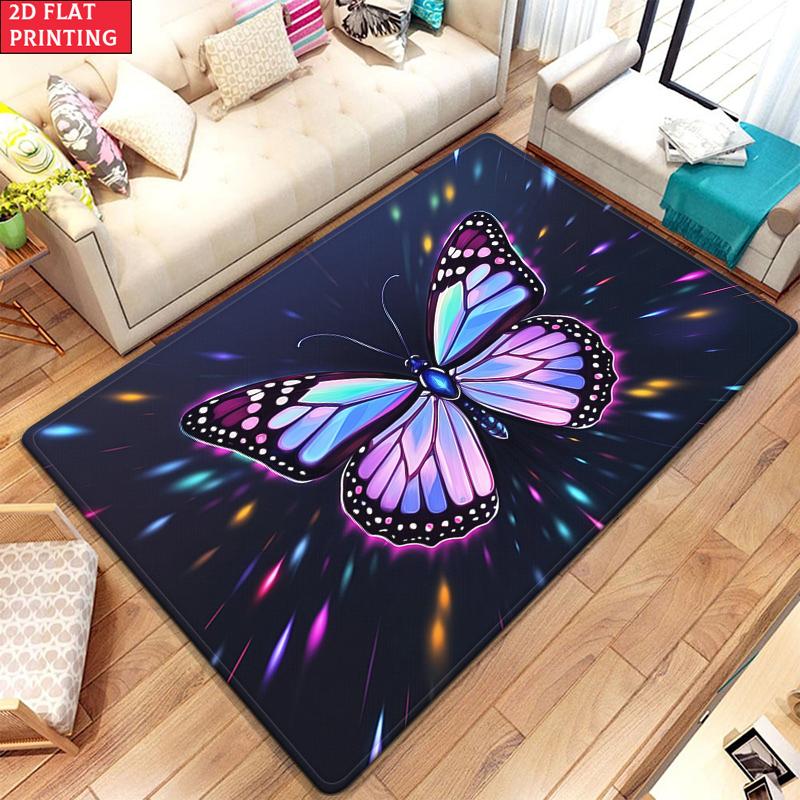 Glow Butterfly Floral Area Rug,Non-Slip Soft Carpet for Living Room Bedroom,Cute Cartoon Decorative Floor Mat for Kids Room