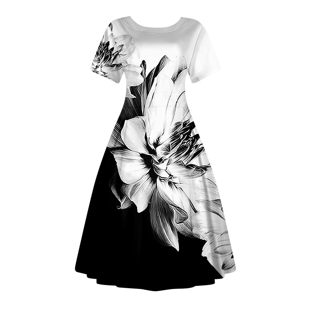 Женское повседневное модное платье с винтажным принтом, круглые платья миди с коротким рукавом и длинными большими распашными платьями