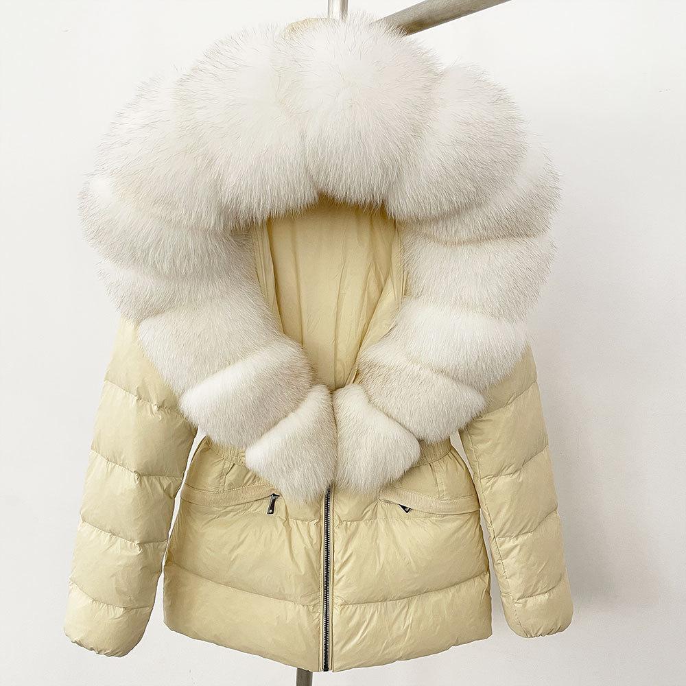 New popular short women's real fox fur collar down jacket thickened and slim waist fur down jacket