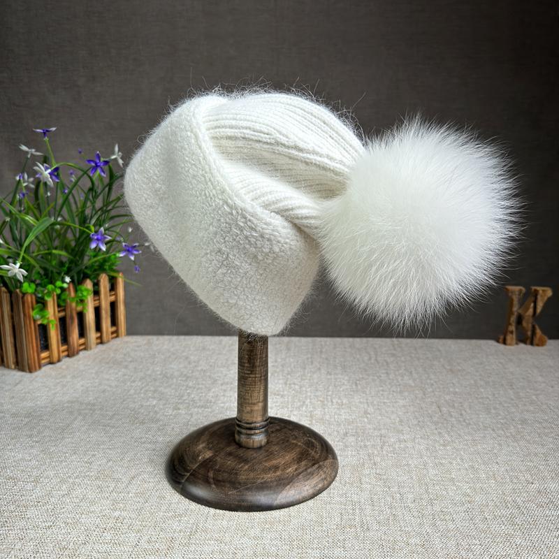 Korean Version Fox Fur Ball Knitted Hat Versatile Ear Protection Thickened Angora Rabbit Fur Flanked Plush Woolen Hat Trendy