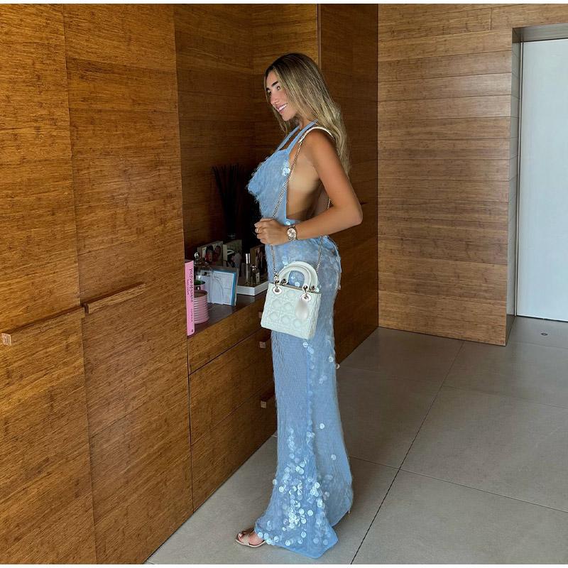 Euphoria Sequin Backless Party Dress Women Chic Sleeveless Lace Up Blue Female Evening Dresses 2024 Lady Bodycon Robe