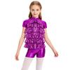 Girls Jazz Dance Costume Mock Neck Short Sleeve Tiered Ruffle Cutout Top Metallic High Waist Shorts Set