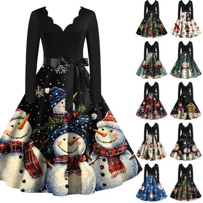 Женское рождественское платье с V-образным вырезом и широким подолом, длинное платье с рукавами