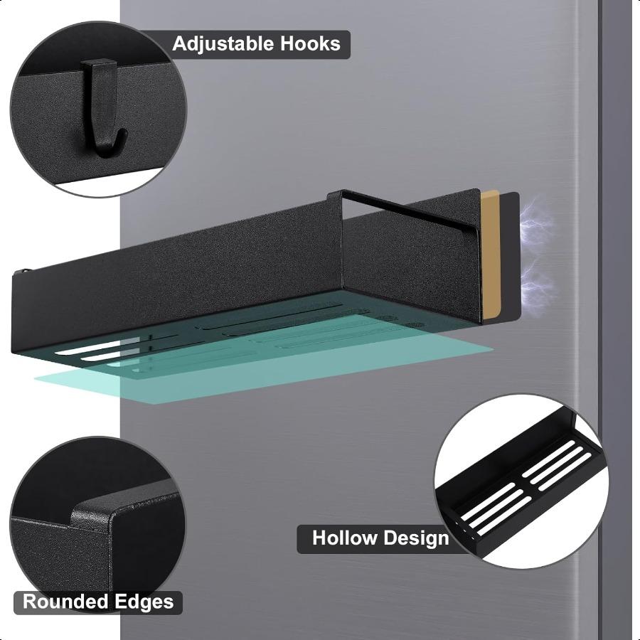 Магнитная полка для специй для холодильника, органайзер для кухни для организации и хранения, 4 штуки, черная металлическая полка с 8 перемещаемыми крючками