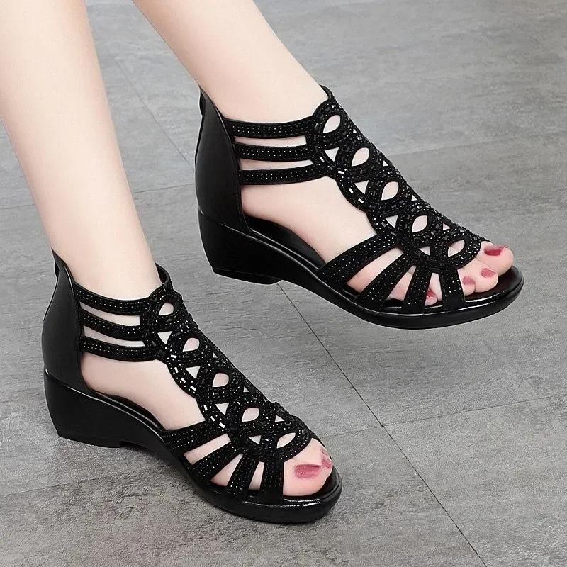 Shoes Female 2024 Brand Fish Mouth Shoes Women's Sandals Fashion Crystal Casual Sandals Women New Back Zip Wedge Sandals Zapatos