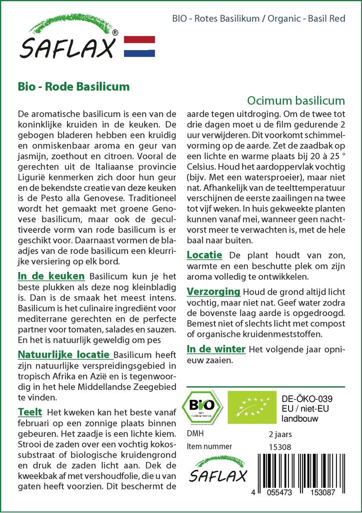 SAFLAX Garden in the Bag - Органический - Базилик красный - 400 семян - С субстратом в подходящем пакете - Ocimum basilicum