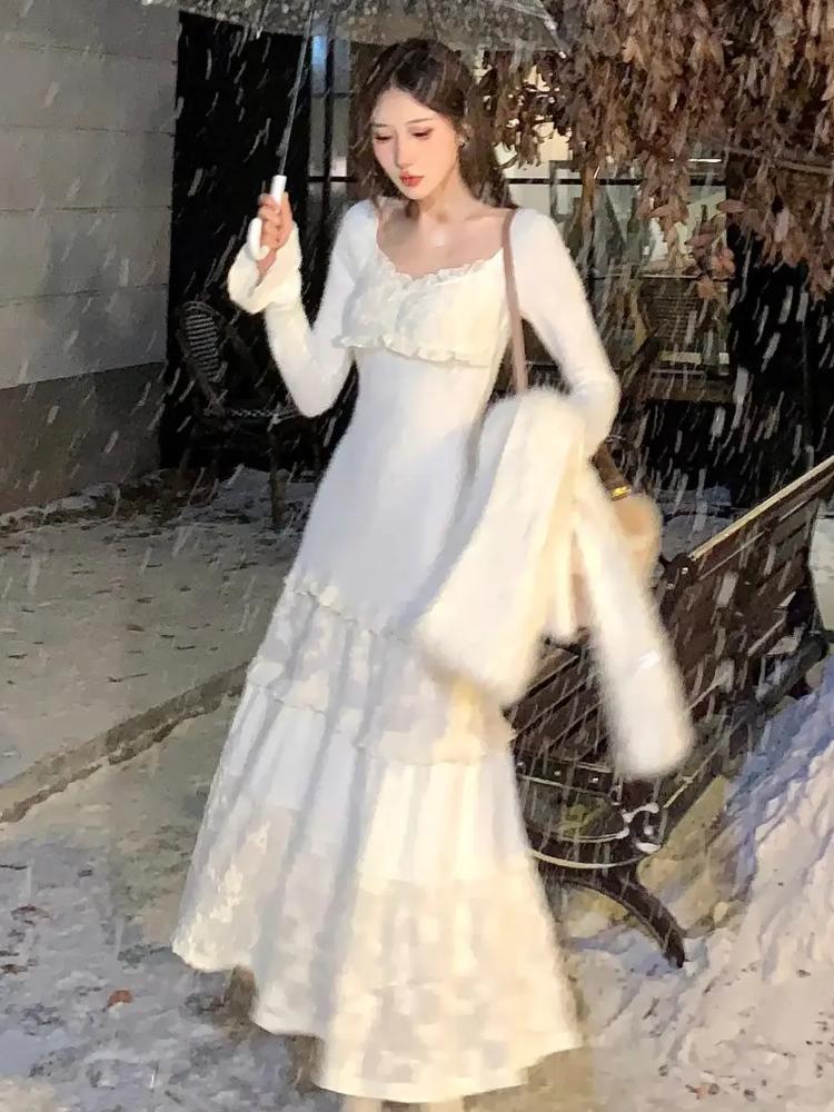 2024 весеннее элегантное трикотажное цельное платье женское кружевное лоскутное платье принцессы миди Koeran женское повседневное милое вечернее платье феи