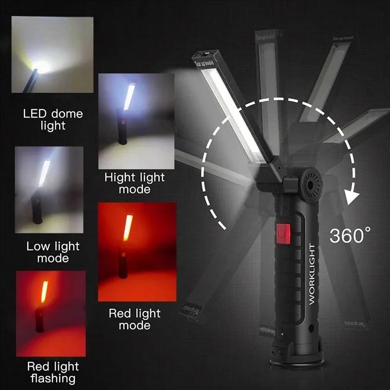 Rechargeable Camping LED Work Light COB Flashlight with Magnet and Hook Waterproof 5 Lighting Modes Suitable for Night Work