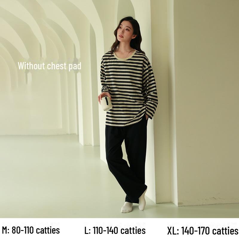 Женский пижамный комплект из чистого хлопка с длинными рукавами и нагрудными накладками — большой размер, весна/осень 2025 г.