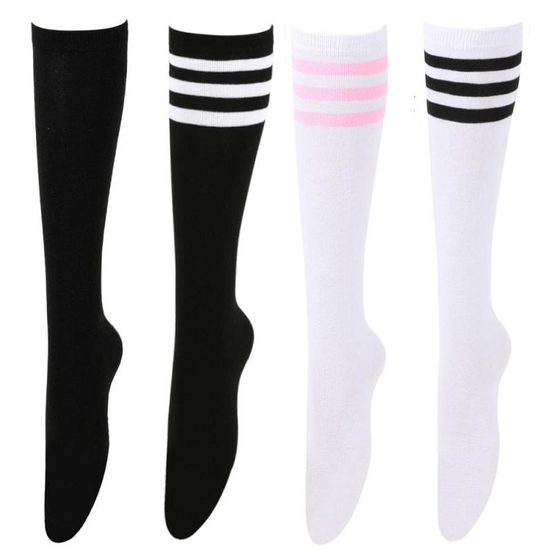 Women's Knee High Cotton Socks Streewear Harajuku Cheerleaders Black White Three-Line Striped Running Sports Socks