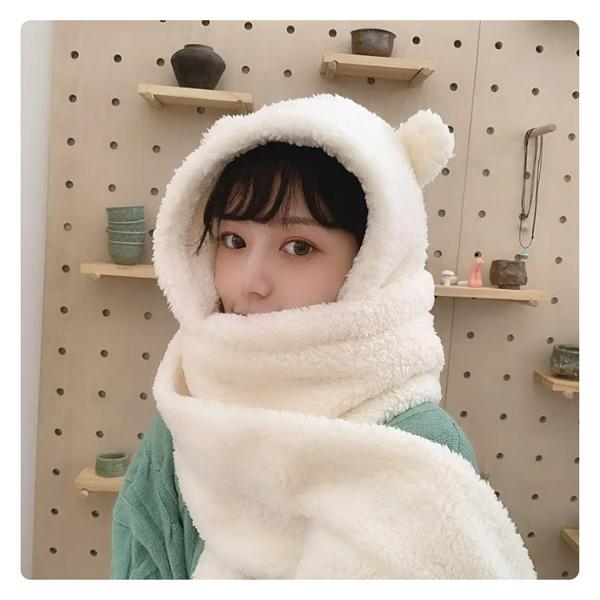 Fashion Winter Women Novelty Beanies Caps Warm Bear Ear Hat Casual Plush Hat Scarf Set Casual Solid Women Caps Present