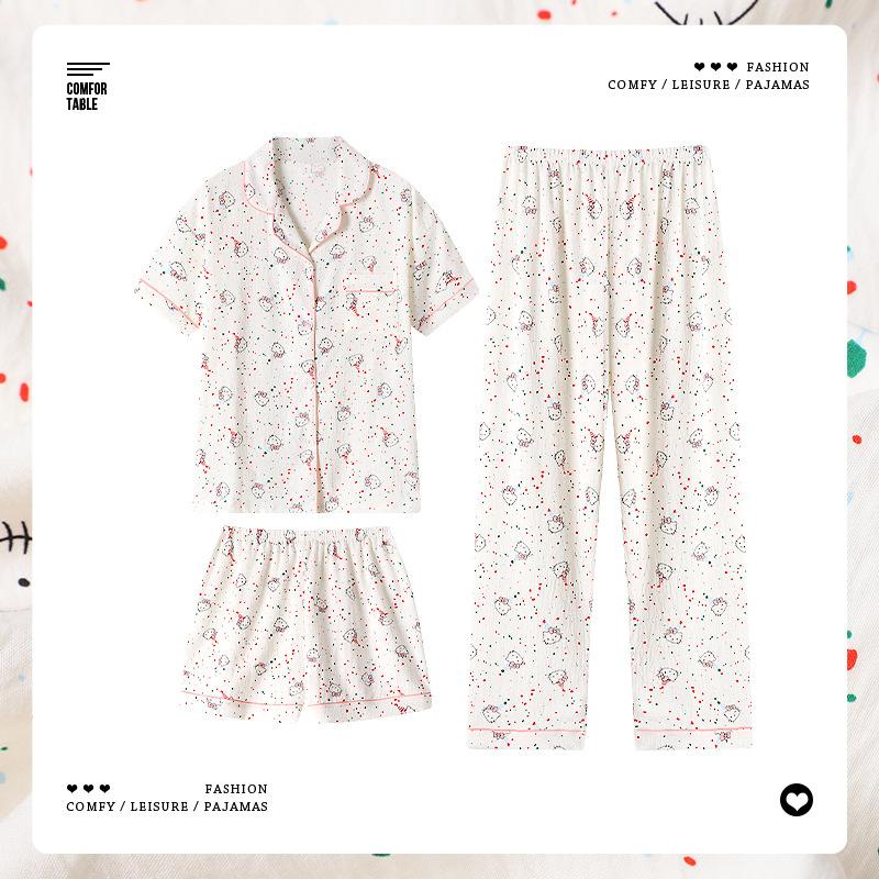 Sweetheart Kitten Pajamas Women'S Summer Cloud Cotton Short-Sleeved Cartoon Three-Piece Set Cute Girl Loungewear