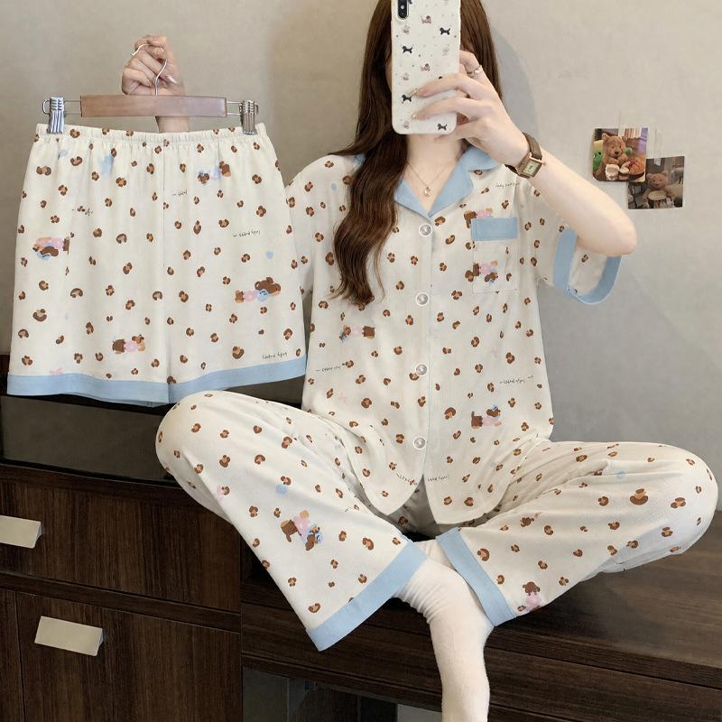 Little fresh fairy style summer new short-sleeved pajamas women's lazy sense loungewear cloud cotton three-piece set