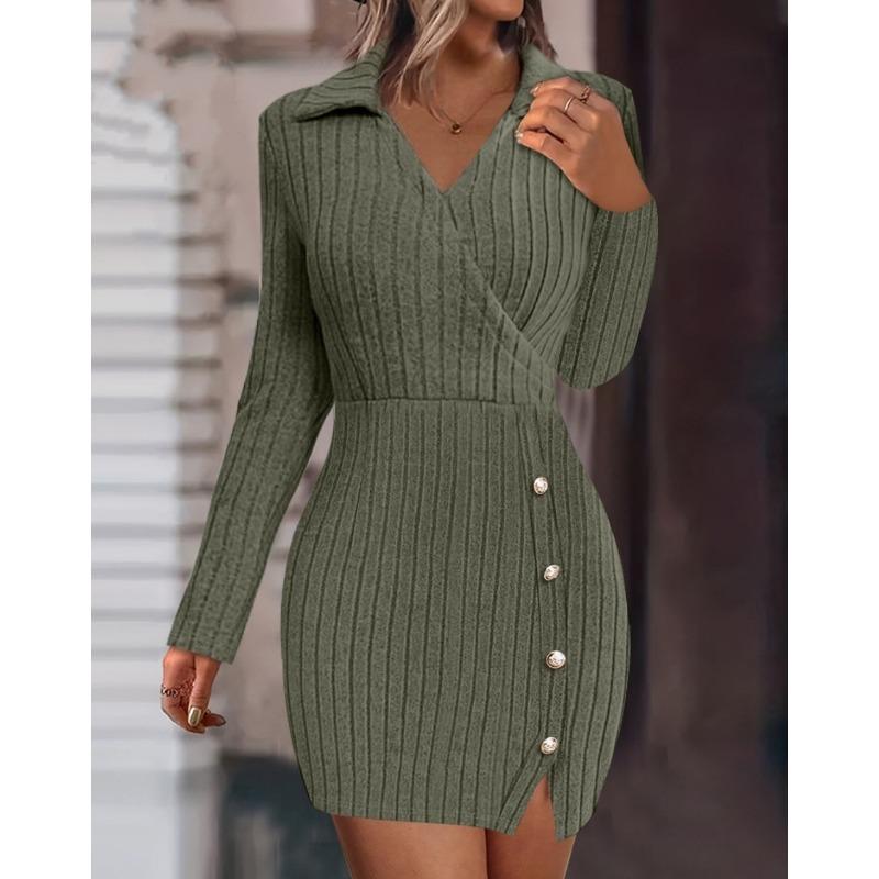 YYFS Women's Fashion Fall Winter Solid Color Print Long Sleeve POLO-Neck Casual Dresses