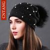 2025 Women's Fashion Hat Autumn Winter Rhinestones Pearl Hats Female Beanies Natural Raccoon Fur Pompom Cotton Warm Caps