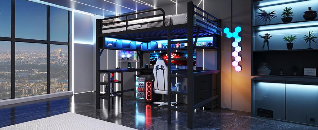 Metal loft bed for gaming (140 x 200 cm) with bookshelf, desk, cabinet, USB and LED lighting, black