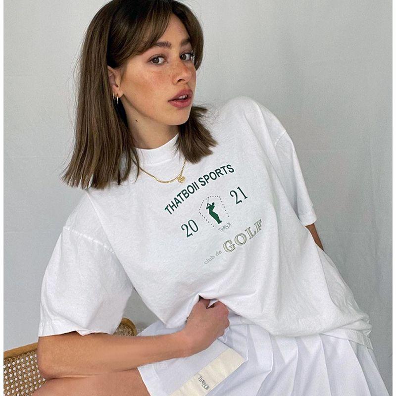 Theboll Sports American Retro Sports Golf Letter Fitness Print Round Neck Short Sleeve T-shirt