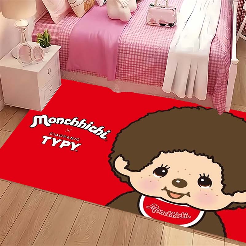 Monchhichi Cute Cartoon Doll Red Background Print Area Rug Non‑Slip Floor Mat Home Bedroom Decor