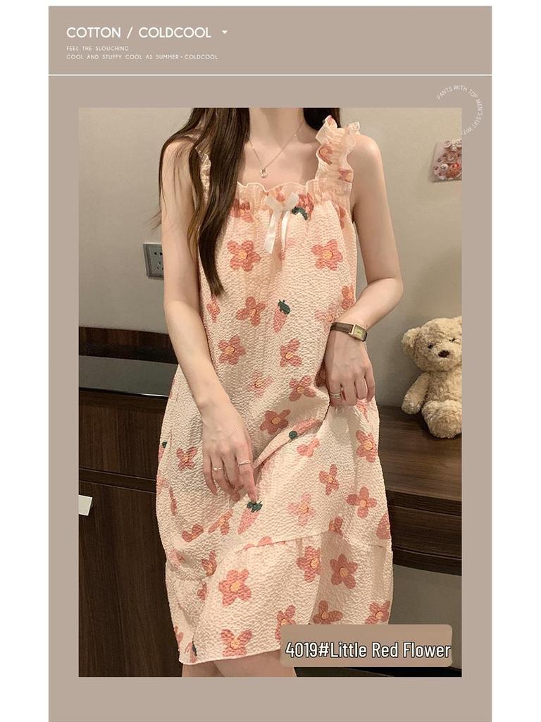 Женская летняя ночная рубашка из хлопка с пузырьками и подтяжками на груди — легкая, стильная домашняя одежда для дома и улицы