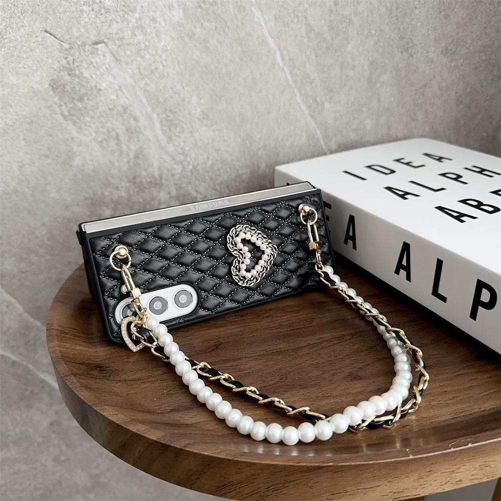 Leather Love Heart Hand Chain Case For Samsung Z Fold 5 4 3 Pearl Cover For Galaxy Z fold 4 z fold3 Soft Shockroof Case