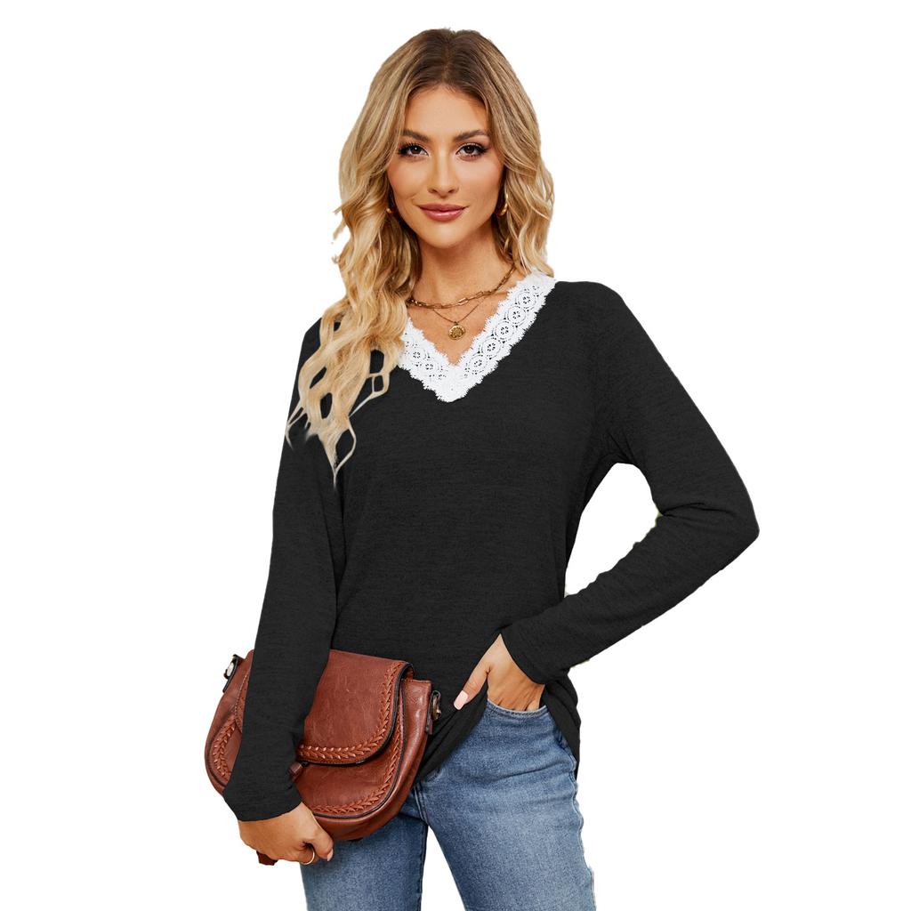 Новая однотонная кружевная футболка с V-образным вырезом в стиле пэчворк, свободная, с длинными рукавами