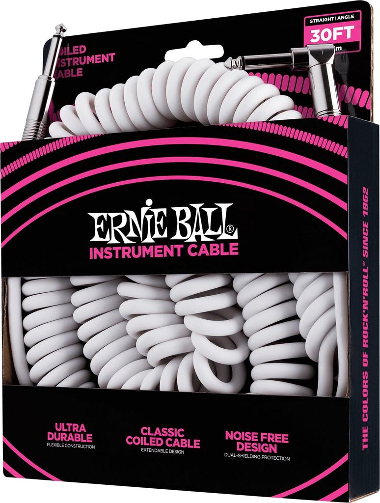 Genuine Ernie Ball 6045 Guitar Coiled Cable, 30 Feet, White, 9.14m