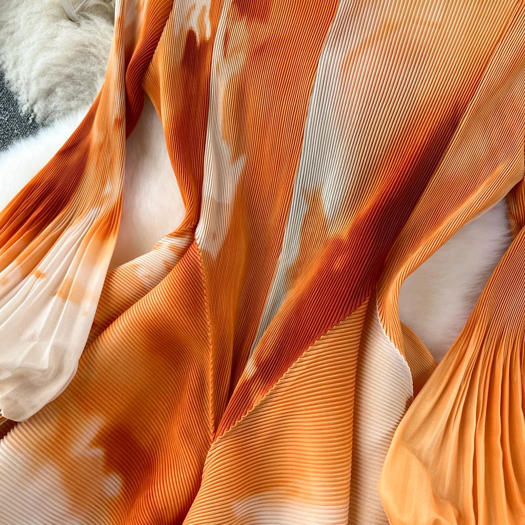 French Senior Temperament Luxury Dress Ladies 2024 Newest O-Neck Ruched Print Tie Dye Design Fashion Chic Long Dress